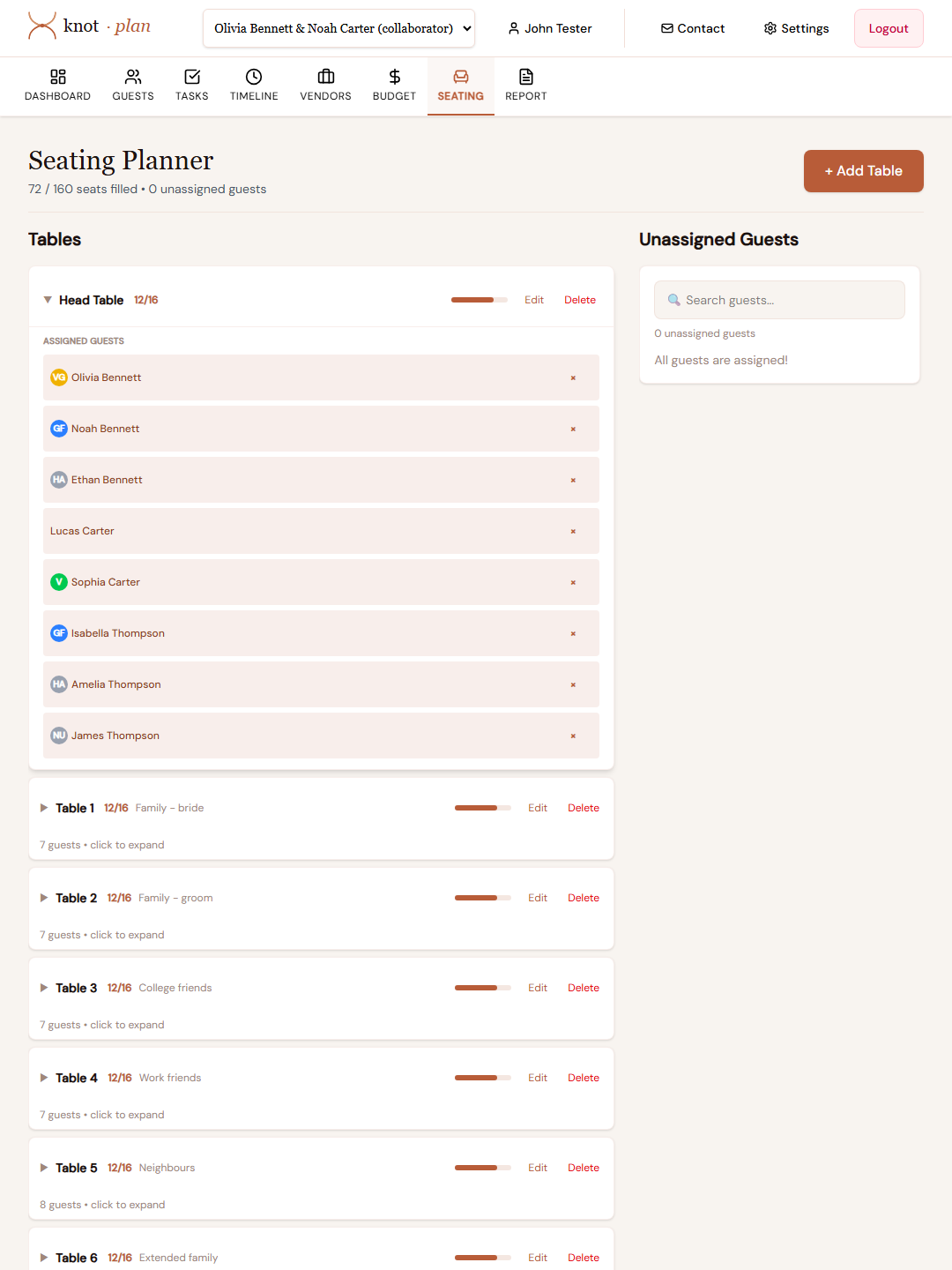 KnotPlan seating planner with a table expanded to show each guest's dietary requirements inline