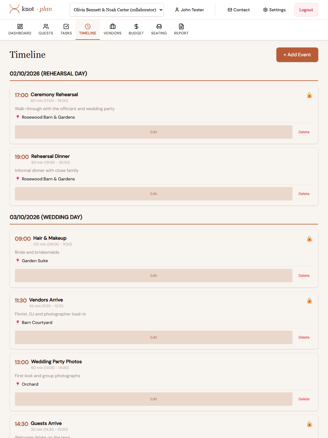 KnotPlan day-of timeline showing the rehearsal day and wedding day schedule with times, durations and locations