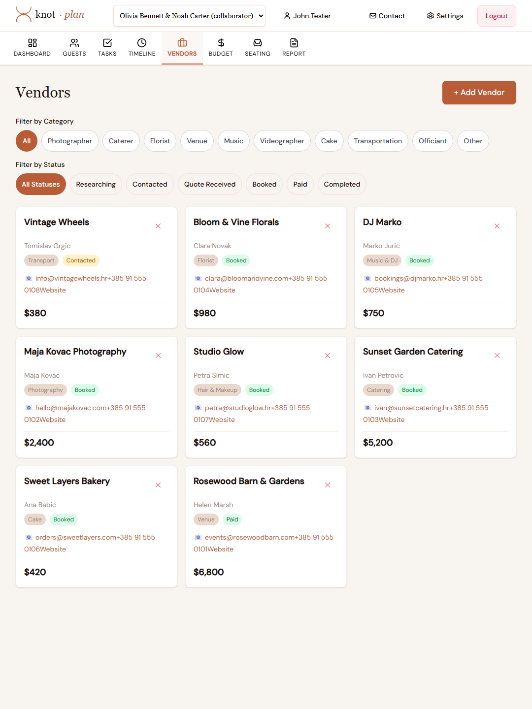 KnotPlan vendor list with contact person, phone, email, category and booking status for every vendor